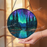 Northern Lights Stained Glass Suncatcher, Round Aurora Borealis Forest Lake Window Panel, Night Sky Nature Home Decor Gift